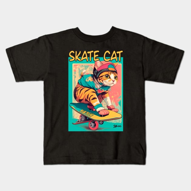 Skate Cat Vintage Tee, Funny Retro Animals on Skateboards Kids T-Shirt by Printofi.com